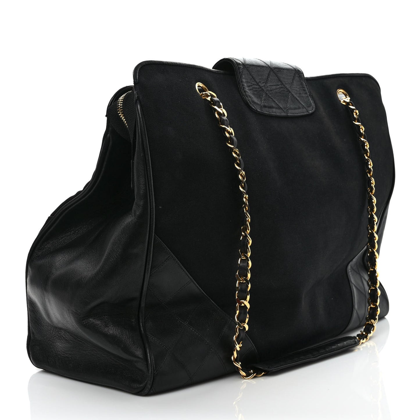Canvas Lambskin Quilted Shopper Tote Black