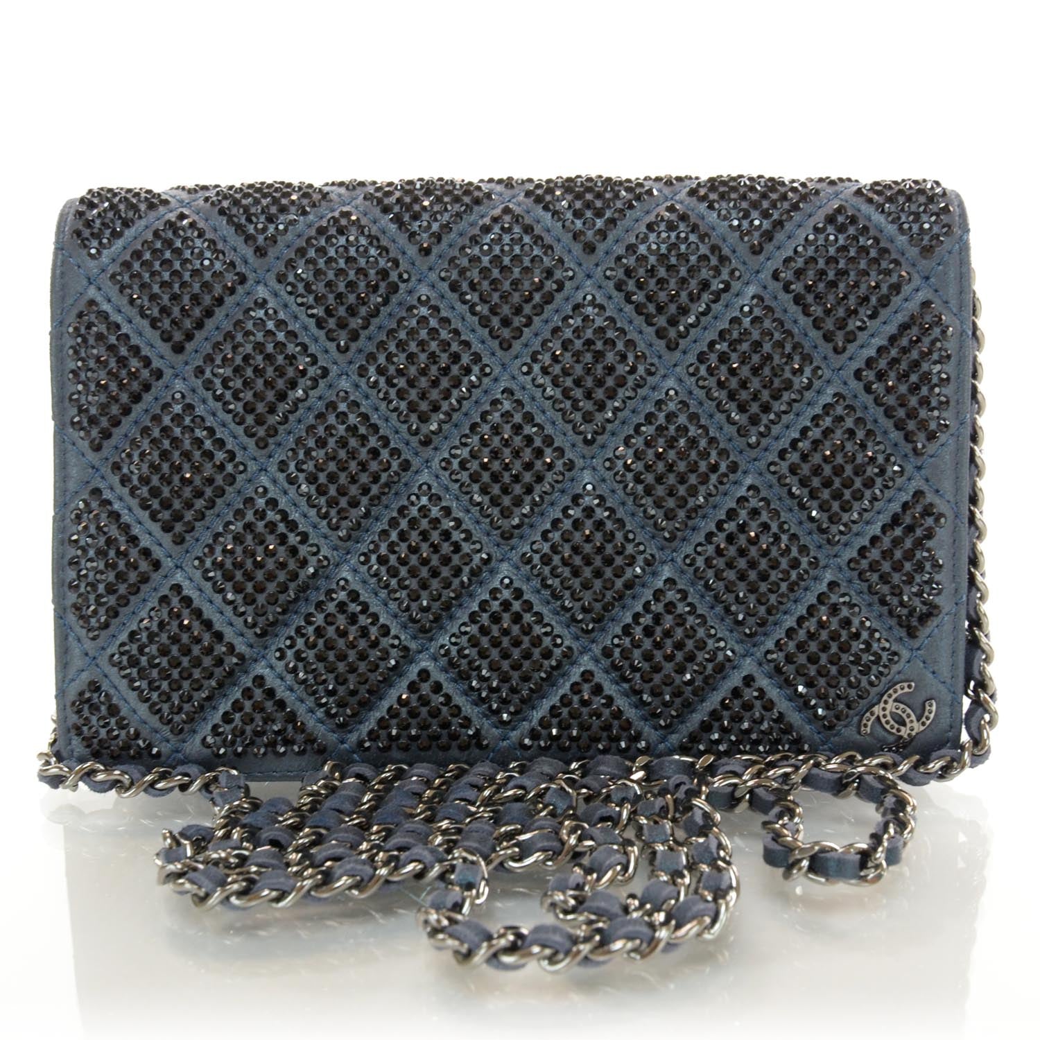 Chanel Crystal Quilted Wallet On Chain WOC Dark Blue 1 of 8