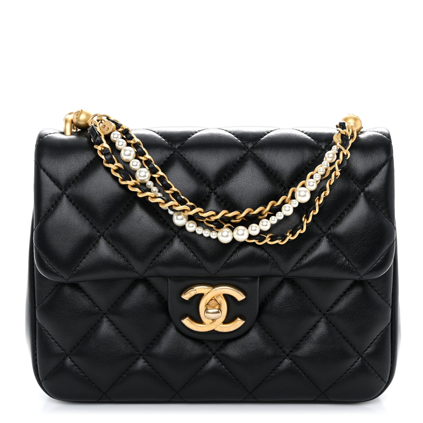 Shiny Lambskin Quilted Pearl Twist Mini Square Flap Black