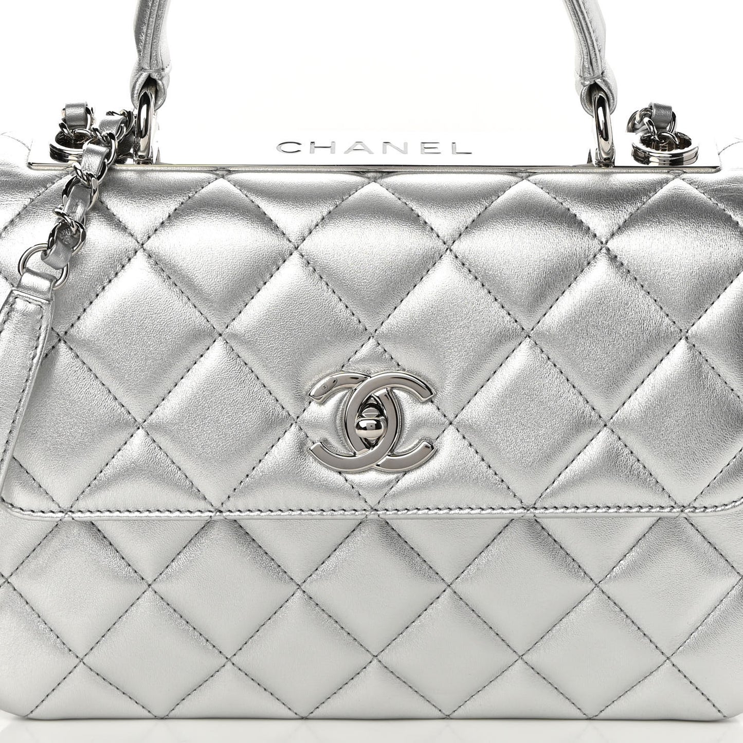 Metallic Lambskin Quilted Small Trendy CC Flap Dual Handle Bag Silver
