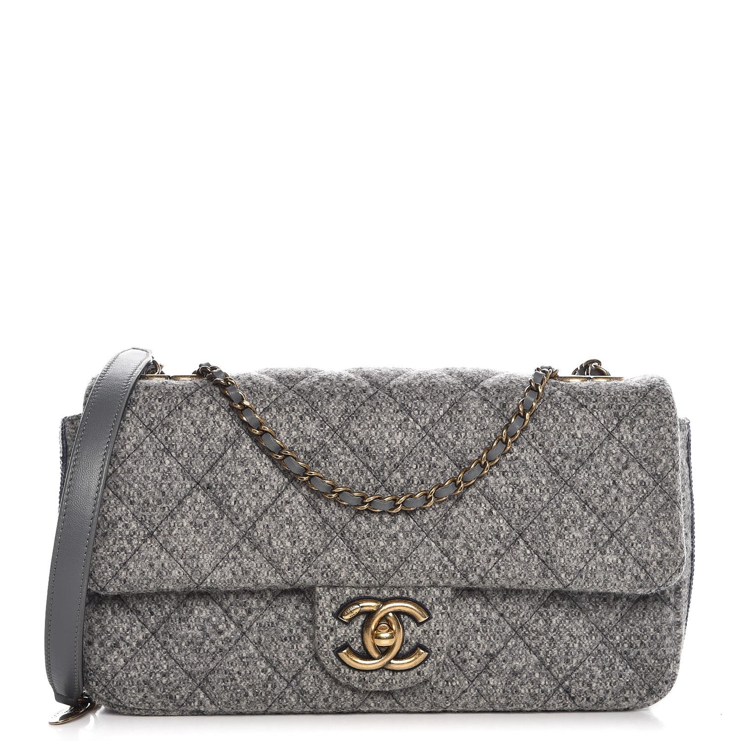 Wool Felt Grosgrain Quilted Medium CC Eyelet Flap Grey