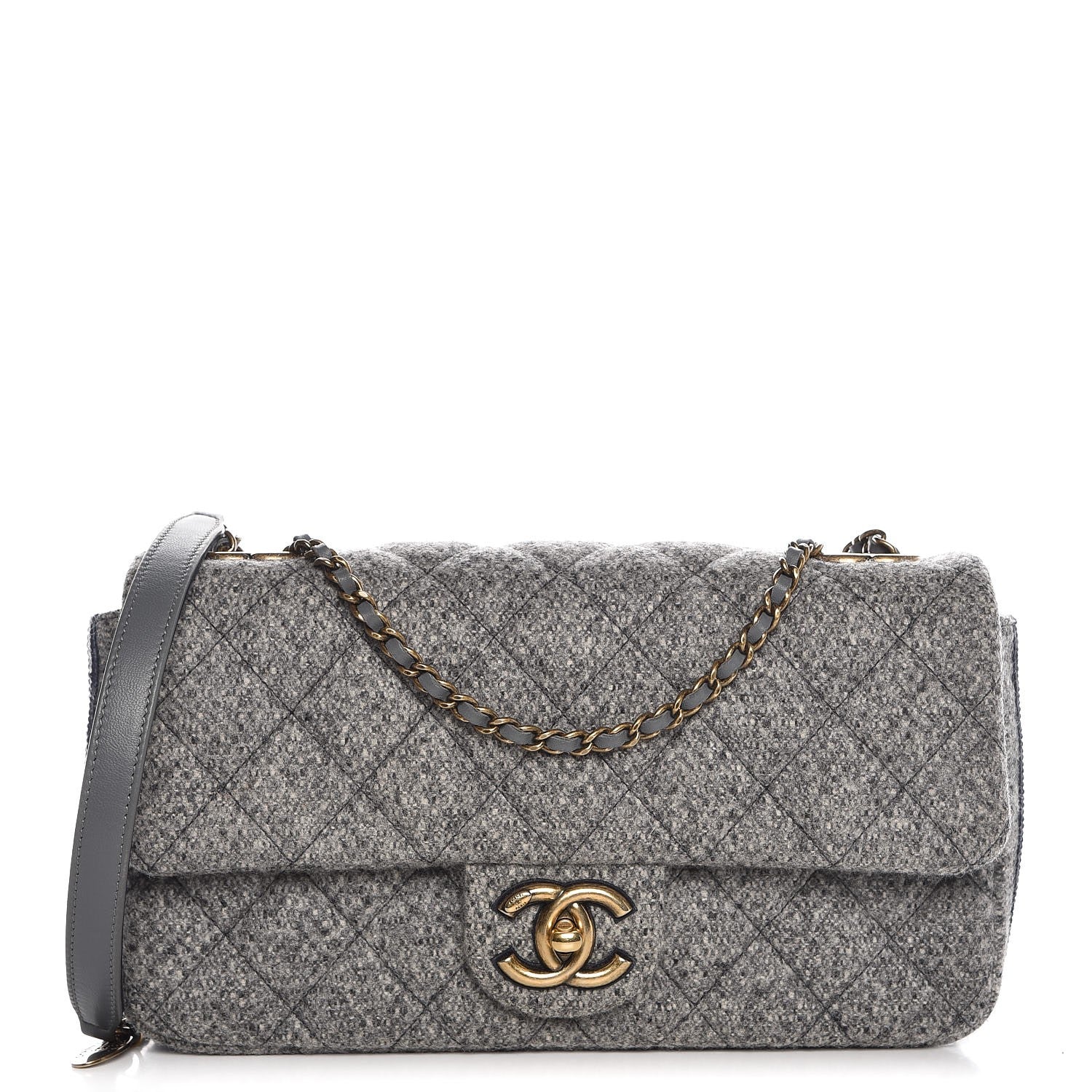 Chanel Wool Felt Grosgrain Quilted Medium CC Eyelet Flap Grey 1 of 7
