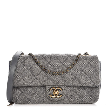 Chanel Wool Felt Grosgrain Quilted Medium CC Eyelet Flap Grey 1 of 7