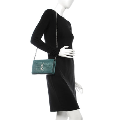 Saint Laurent Calfskin Crocodile Embossed Monogram Chain Wallet Water Green 2 of 9