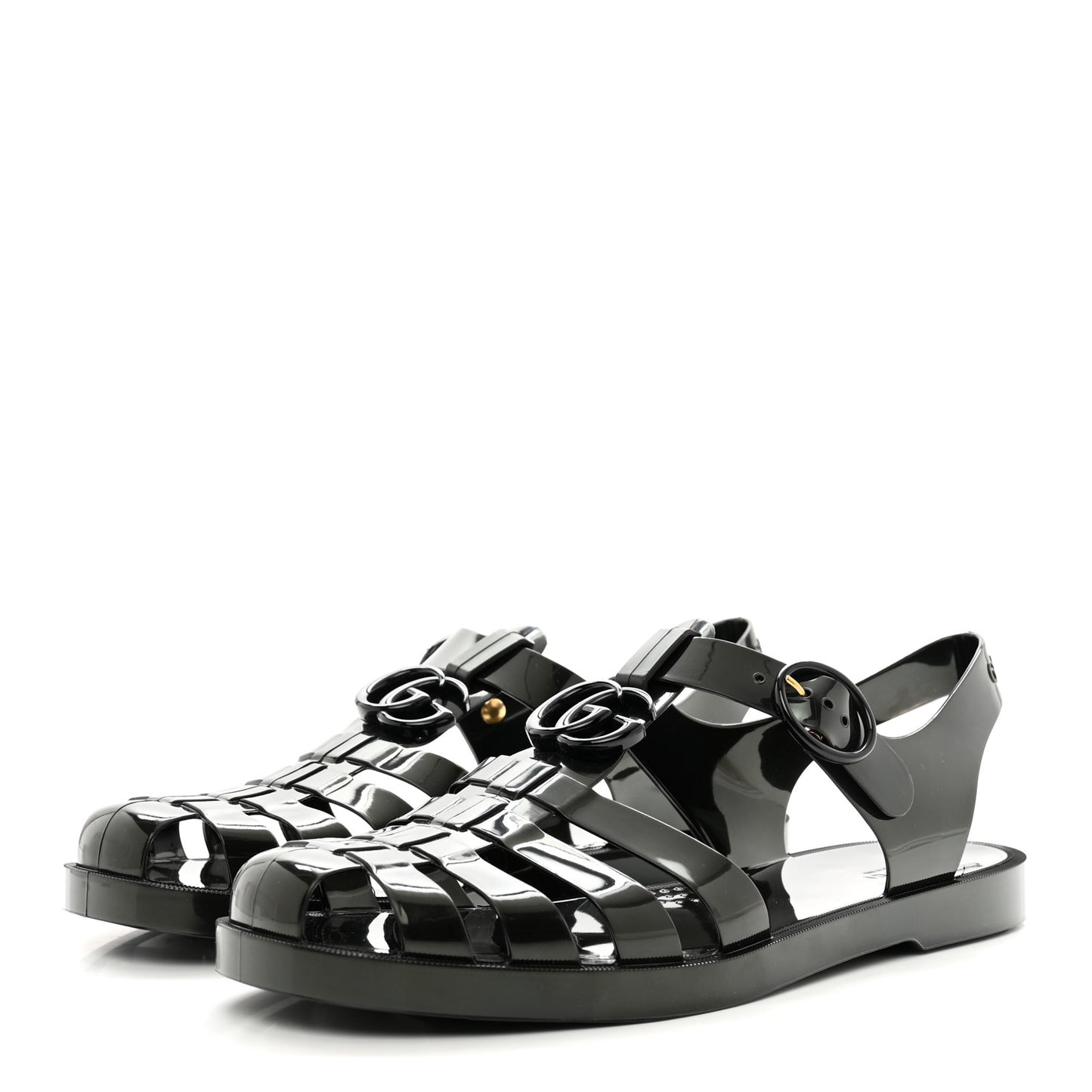 Shiny Rubber Mens Double G Buckle Strap Sandals 9 Black