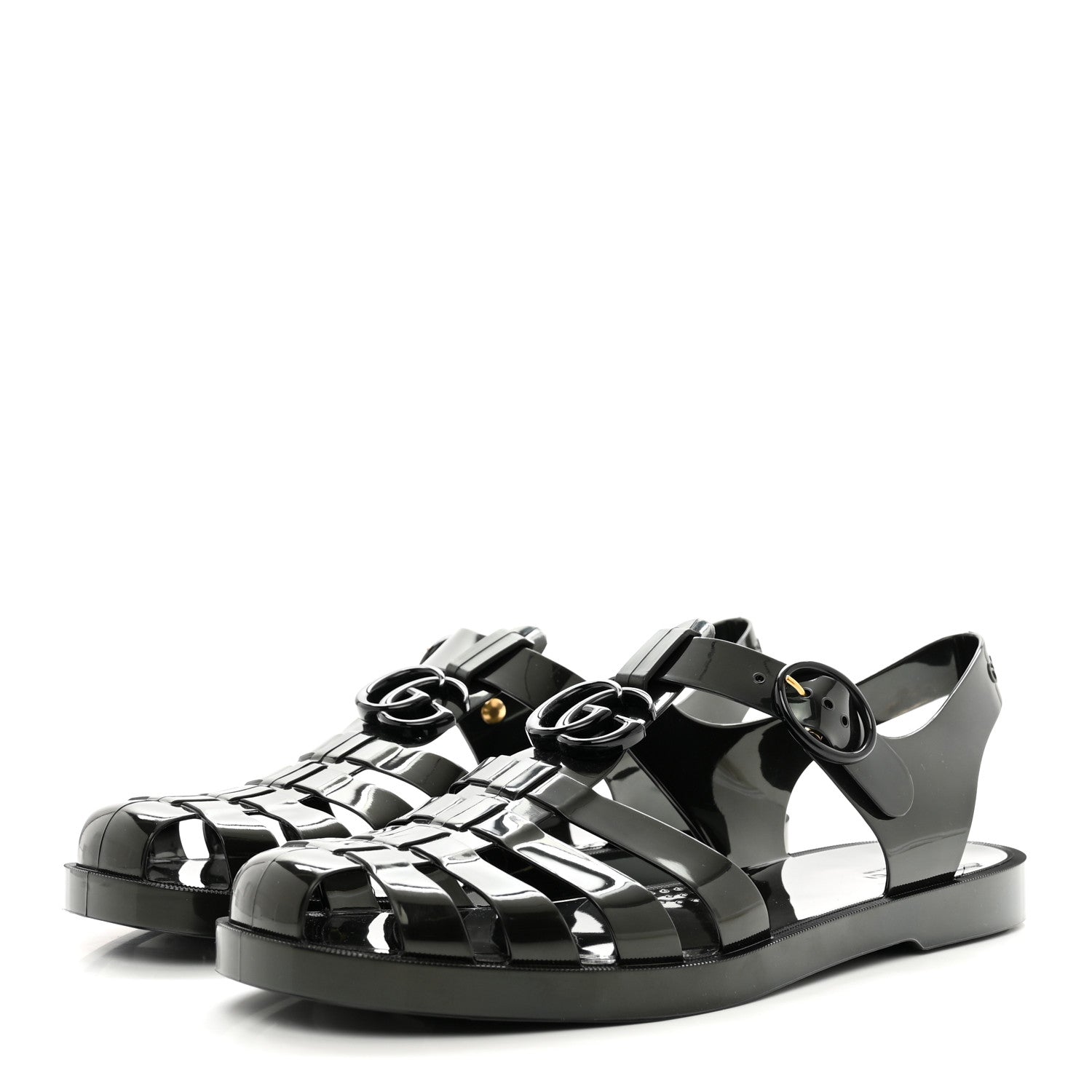 Gucci Shiny Rubber Mens Double G Buckle Strap Sandals 9 Black 3 of 8