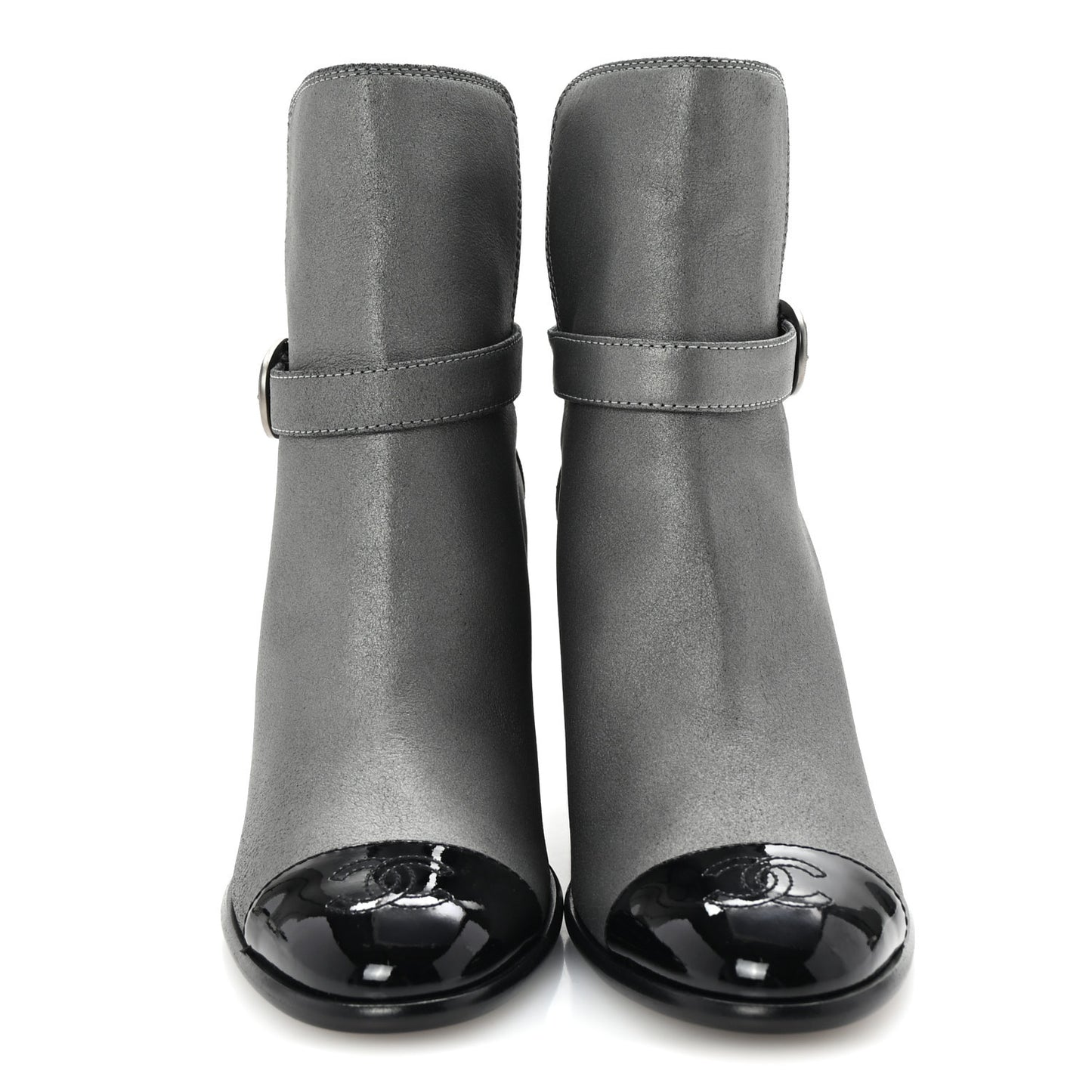 Suede Kidskin Patent Cap Toe Interlocking CC Ankle Boots 39 Dark Silver Black