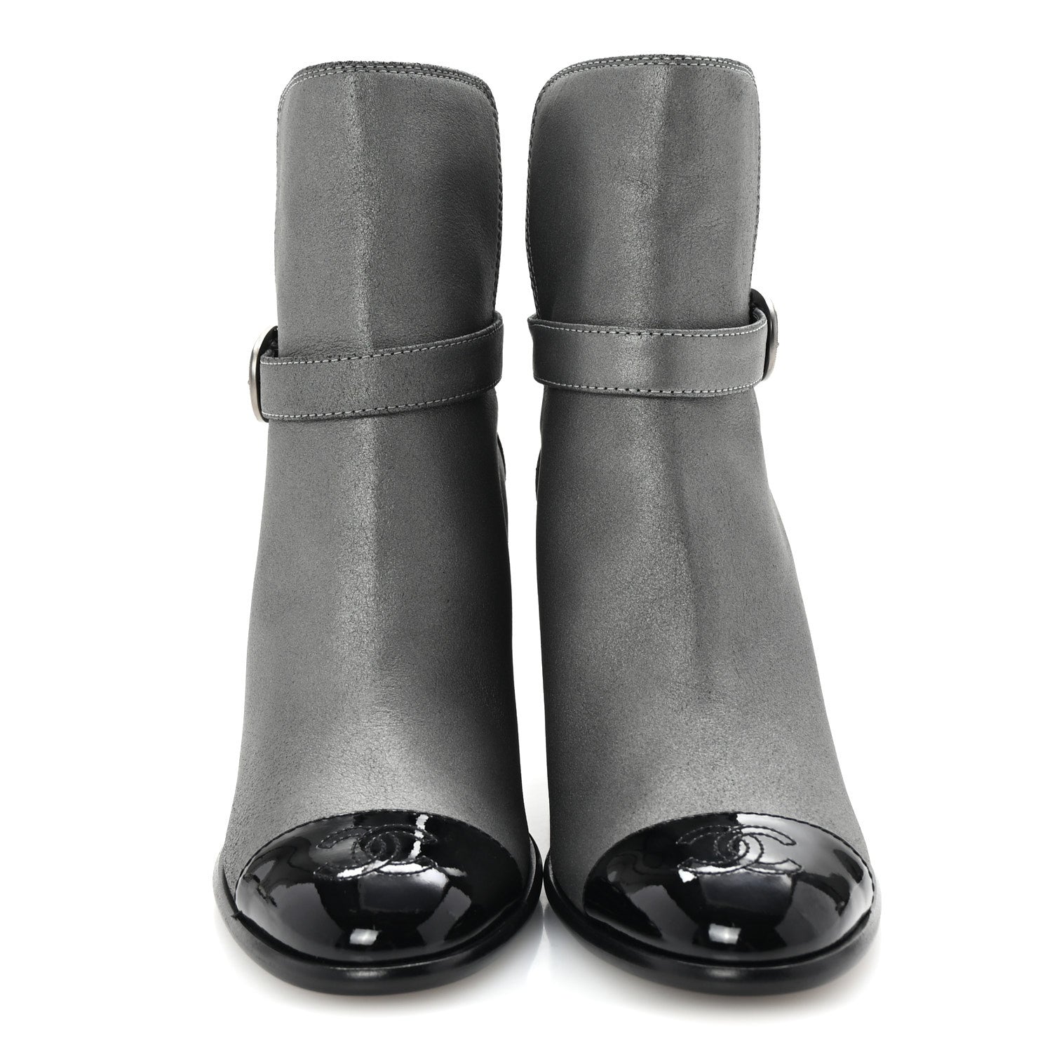 Chanel Suede Kidskin Patent Cap Toe Interlocking CC Ankle Boots 39 Dark Silver Black 3 of 10