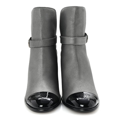 Chanel Suede Kidskin Patent Cap Toe Interlocking CC Ankle Boots 39 Dark Silver Black 3 of 10