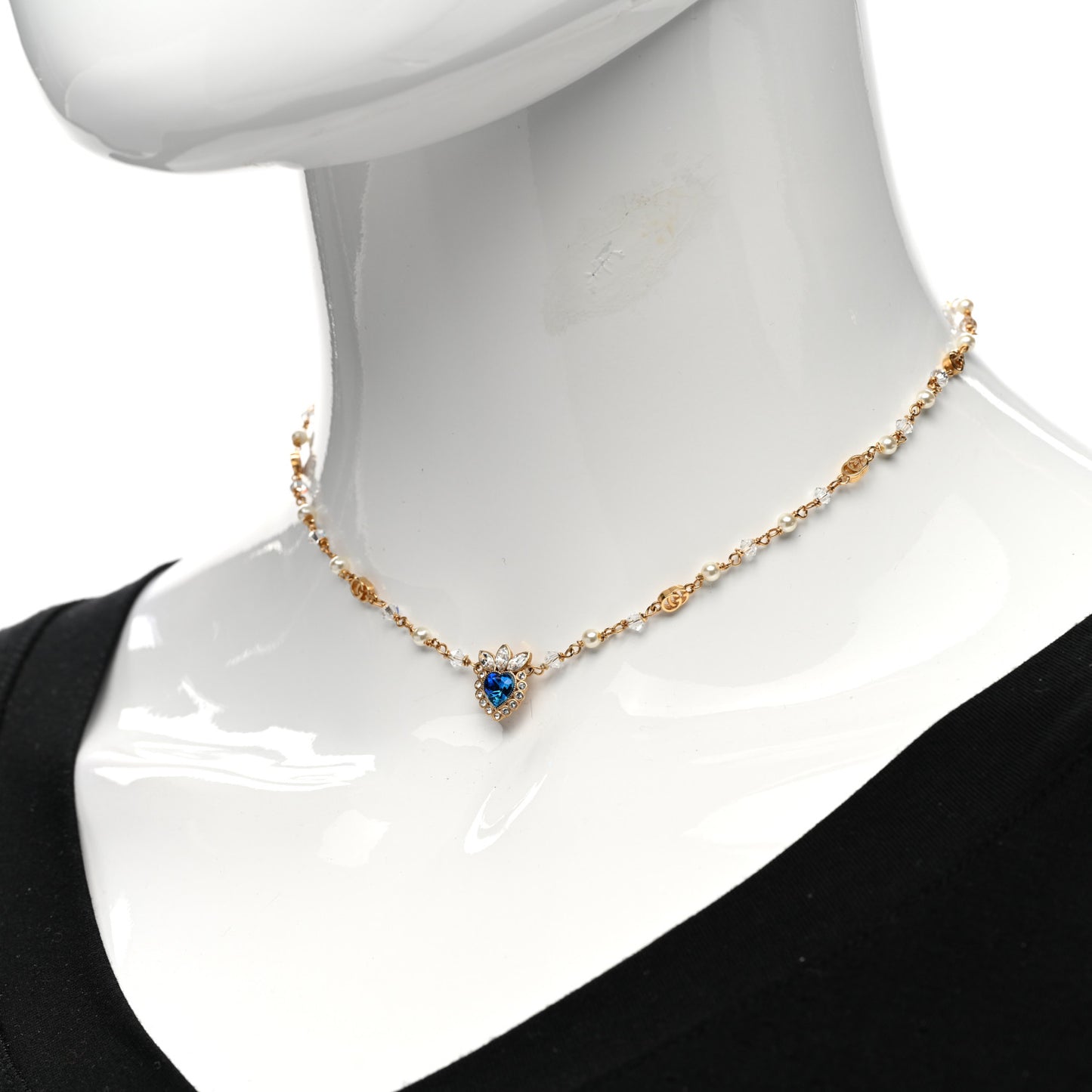 Metal Crystal Pearl Heart Necklace Gold Blue