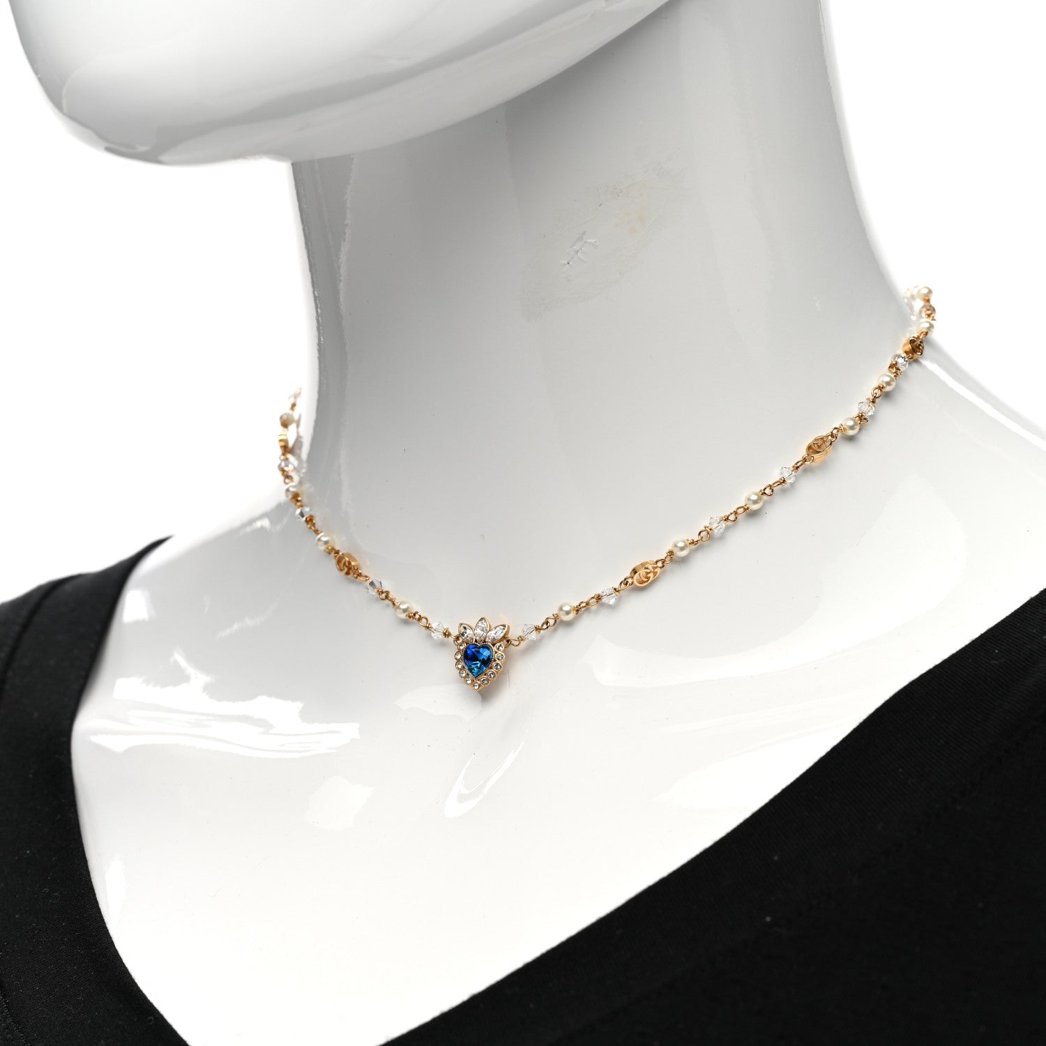 Gucci Metal Crystal Pearl Heart Necklace Gold Blue 2 of 6