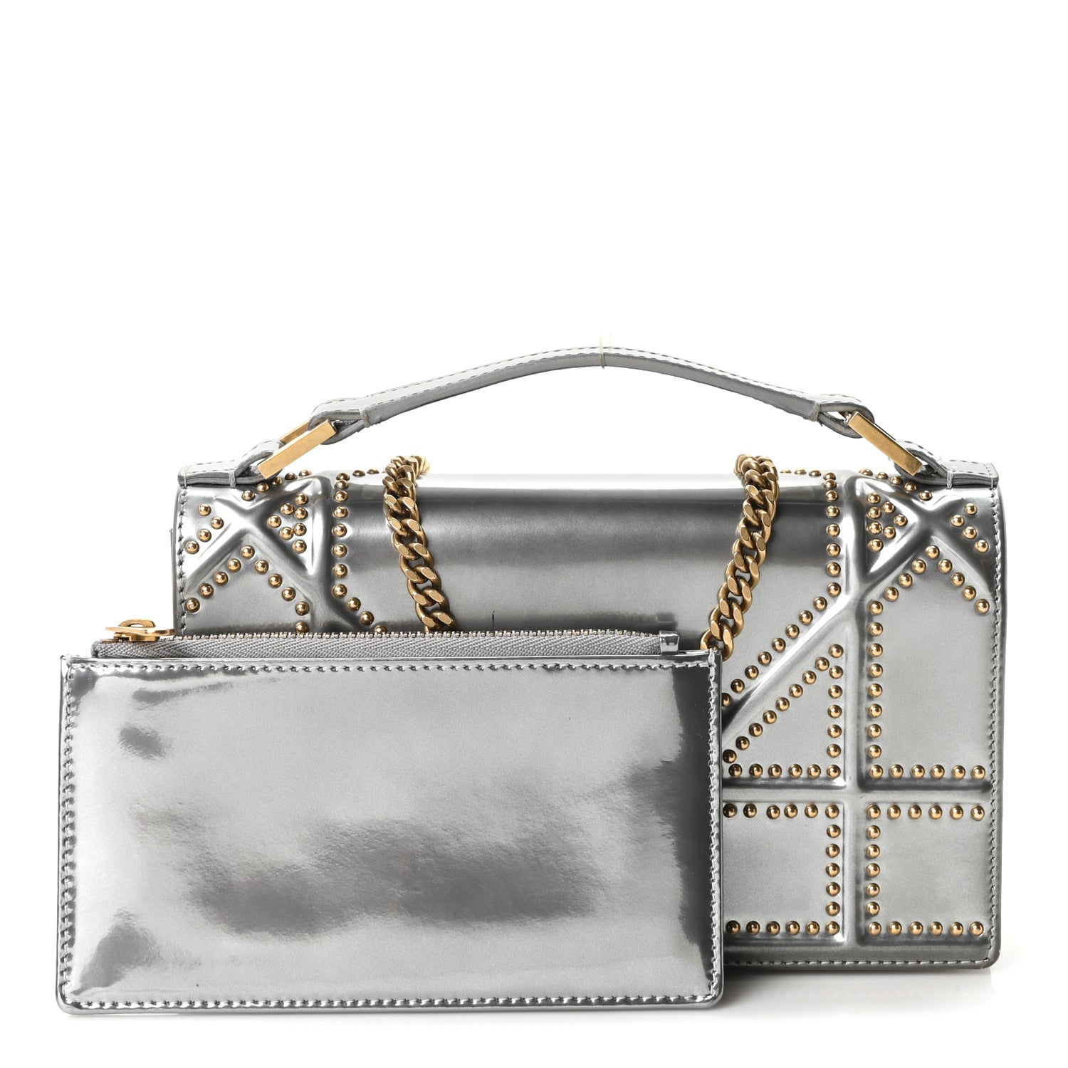 Christian Dior Metallic Patent Studded Diorama Top Handle Wallet on Chain Pouch Silver 3 of 11