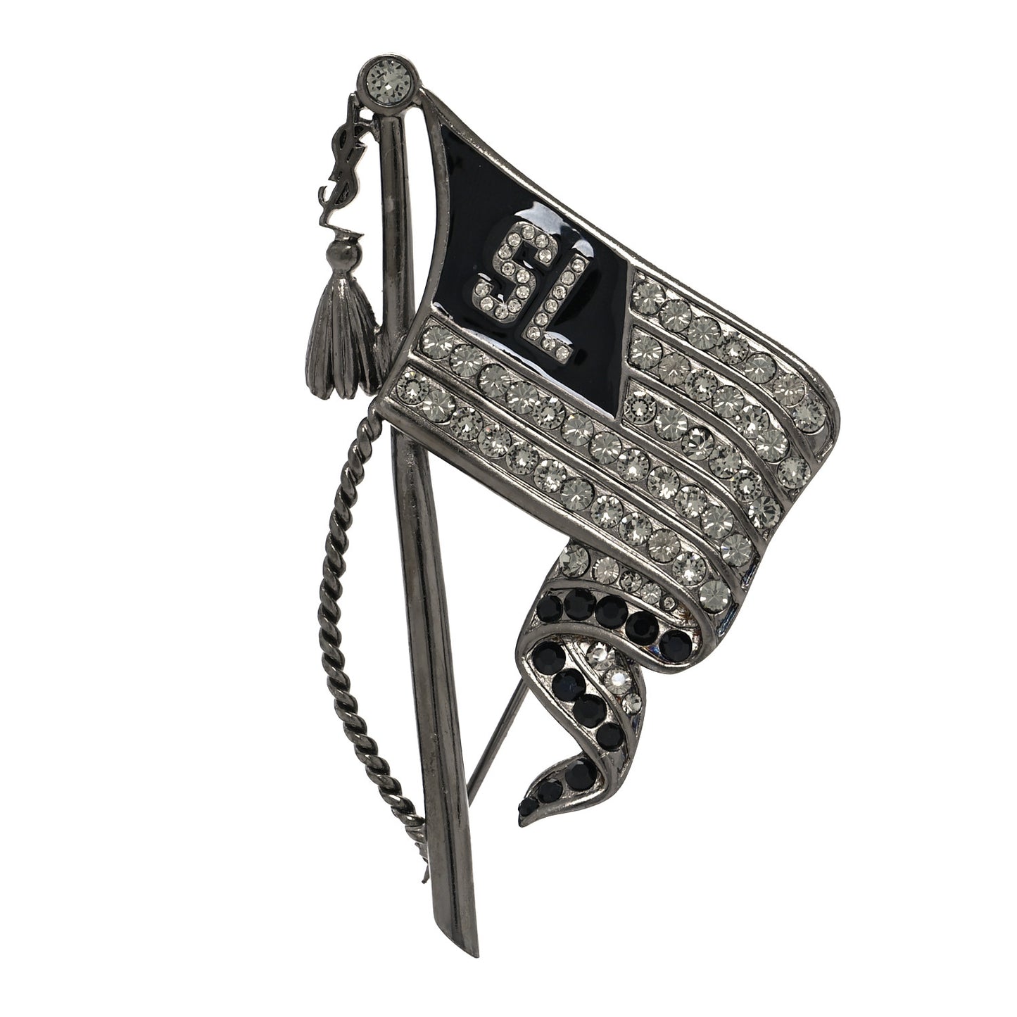 Crystal Flag Tassel Brooch Black Silver