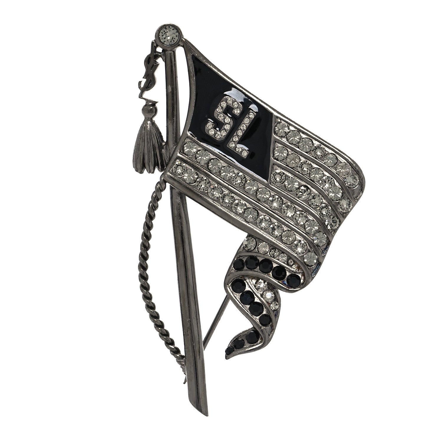 Saint Laurent Crystal Flag Tassel Brooch Black Silver 1 of 4