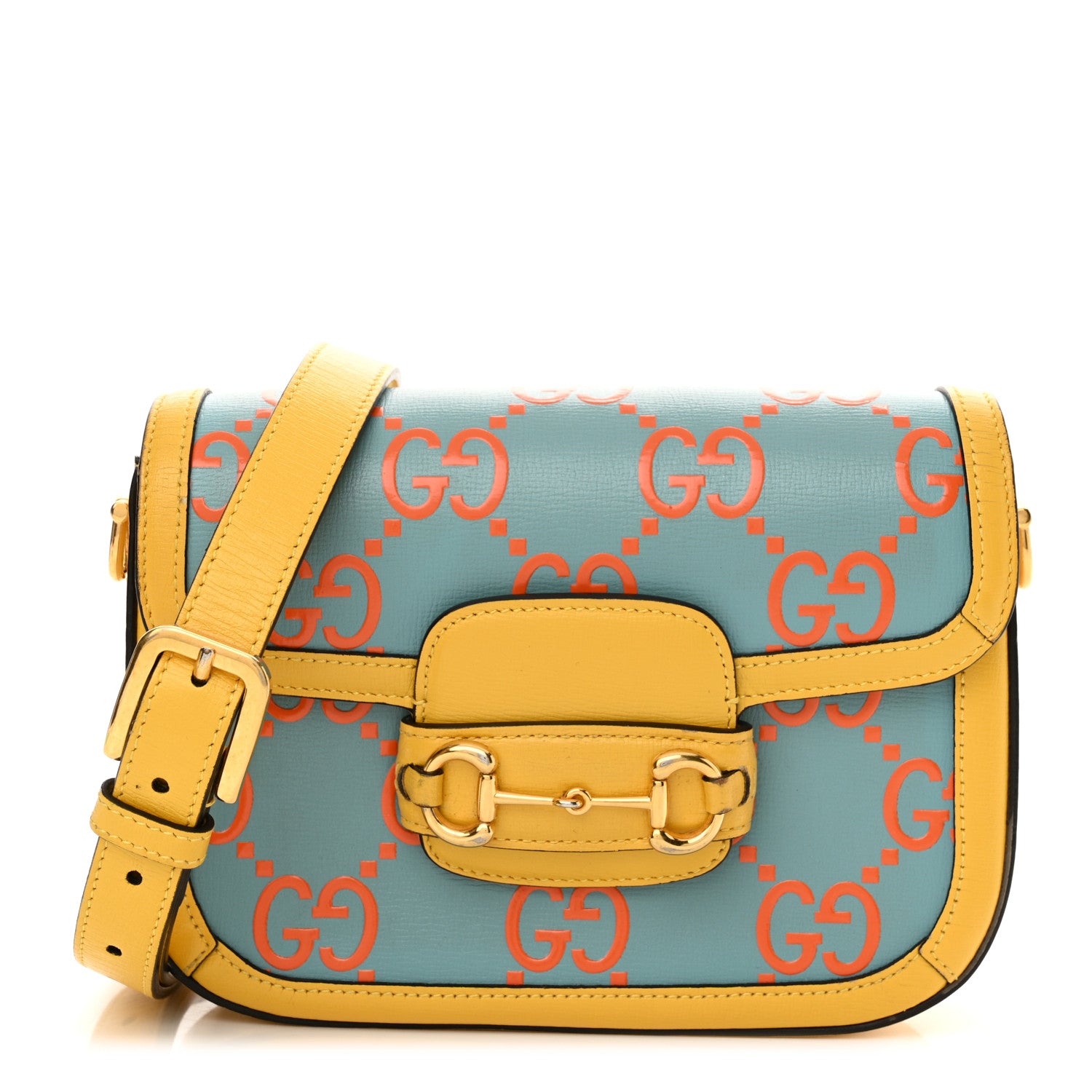 Gucci Azalea Calfskin GG Monogram Bi-Color Debossed Mini Horsebit 1955 Shoulder Bag Dusty Azure Stone Topaz Deep Orange 1 of 19