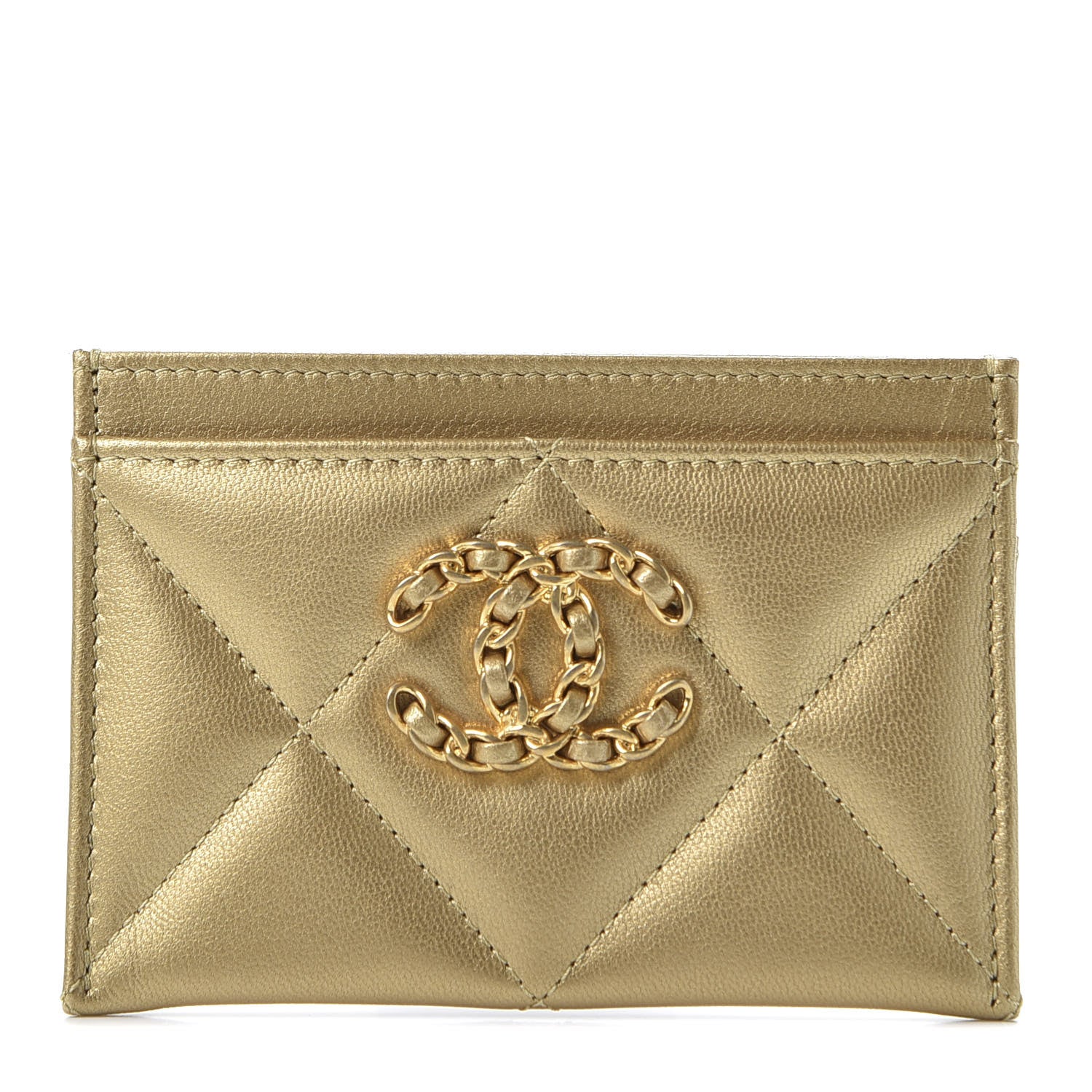 Chanel Metallic Goatskin Quilted Chanel 19 Card Holder Gold 1 of 10