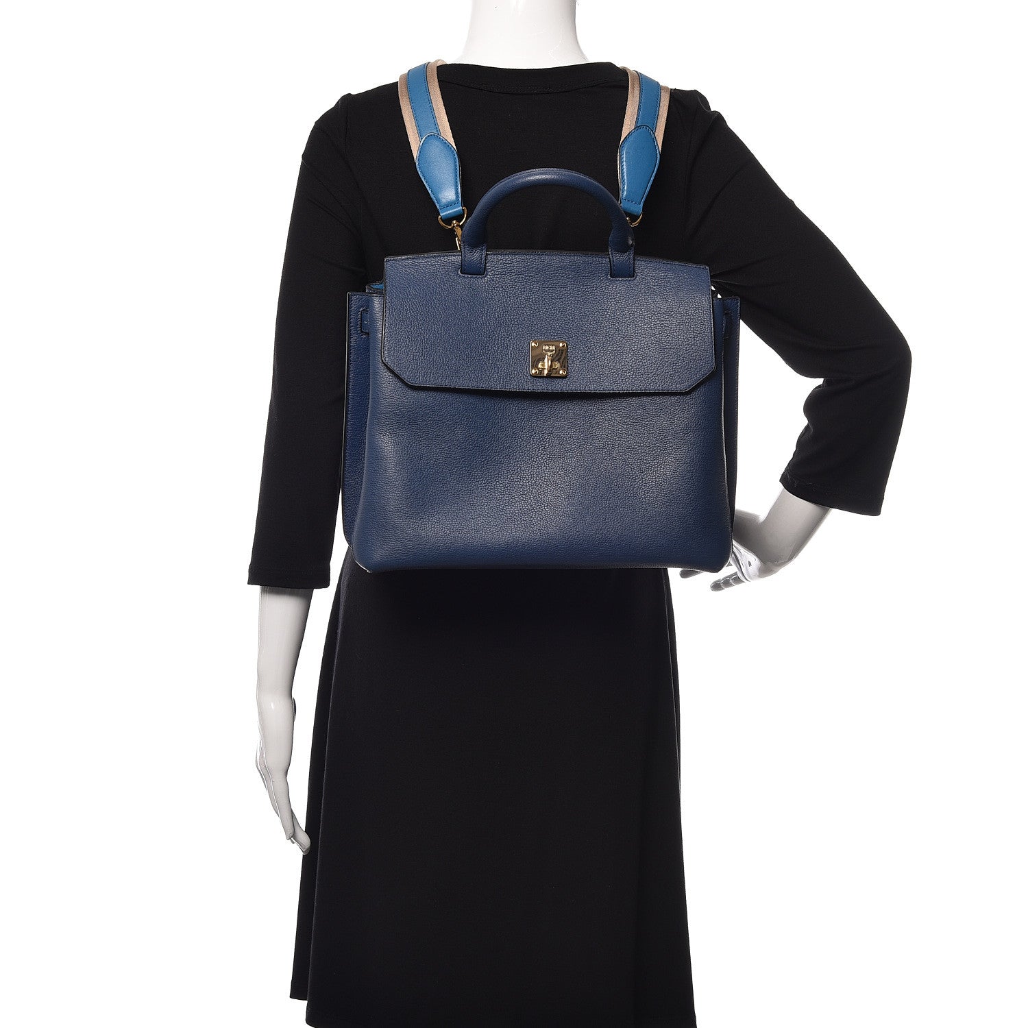 MCM Grained Calfskin Large Milla Convertible Backpack Navy 2 of 13