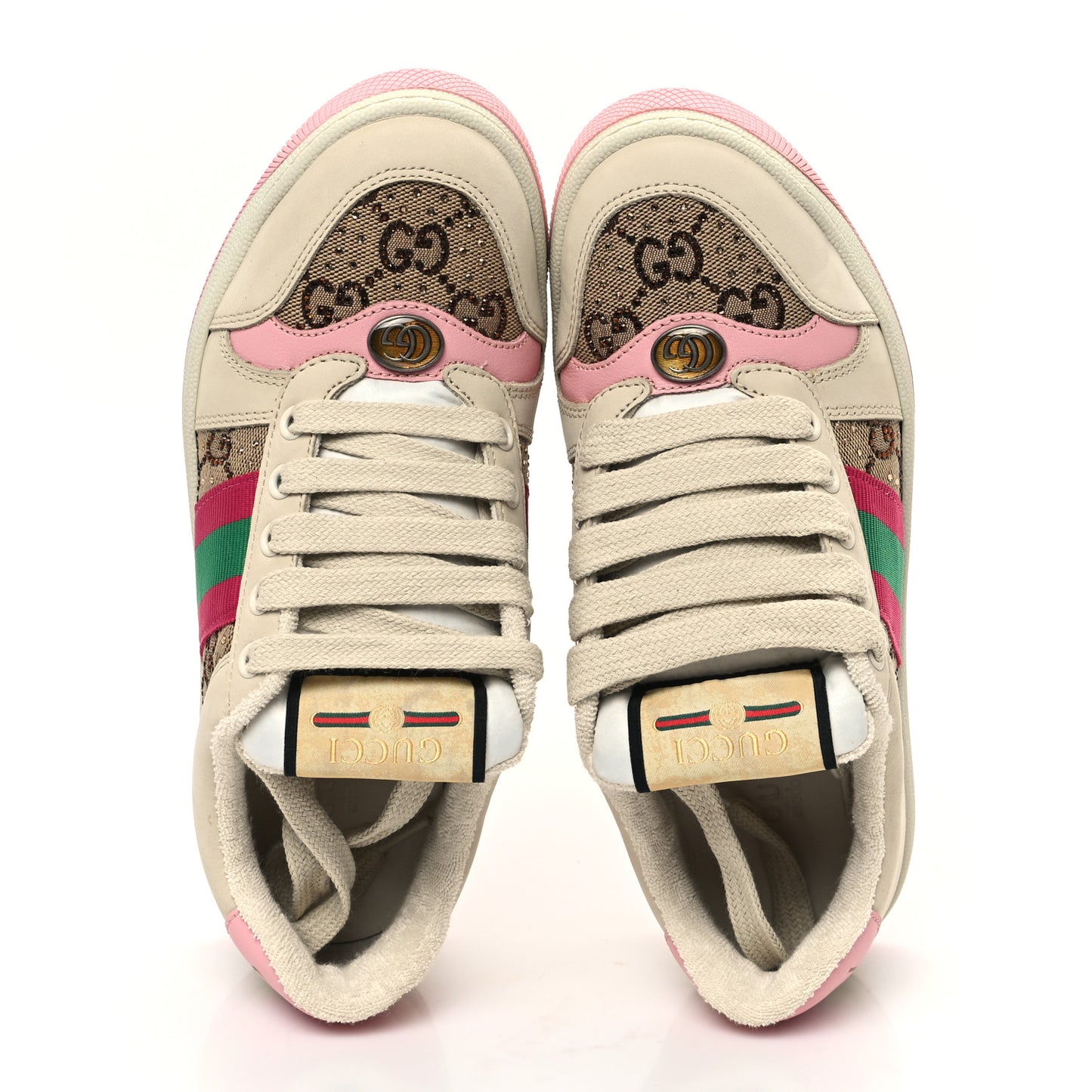 Calfskin GG Supreme Crystals Web Screener Sneakers 35.5 Beige Ebony Wild Rose
