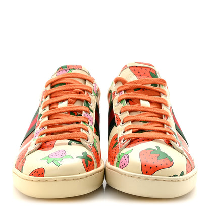Gucci Calfskin Web Strawberry Print Womens Ace Sneakers 37 Ivory Red Green 3 of 10