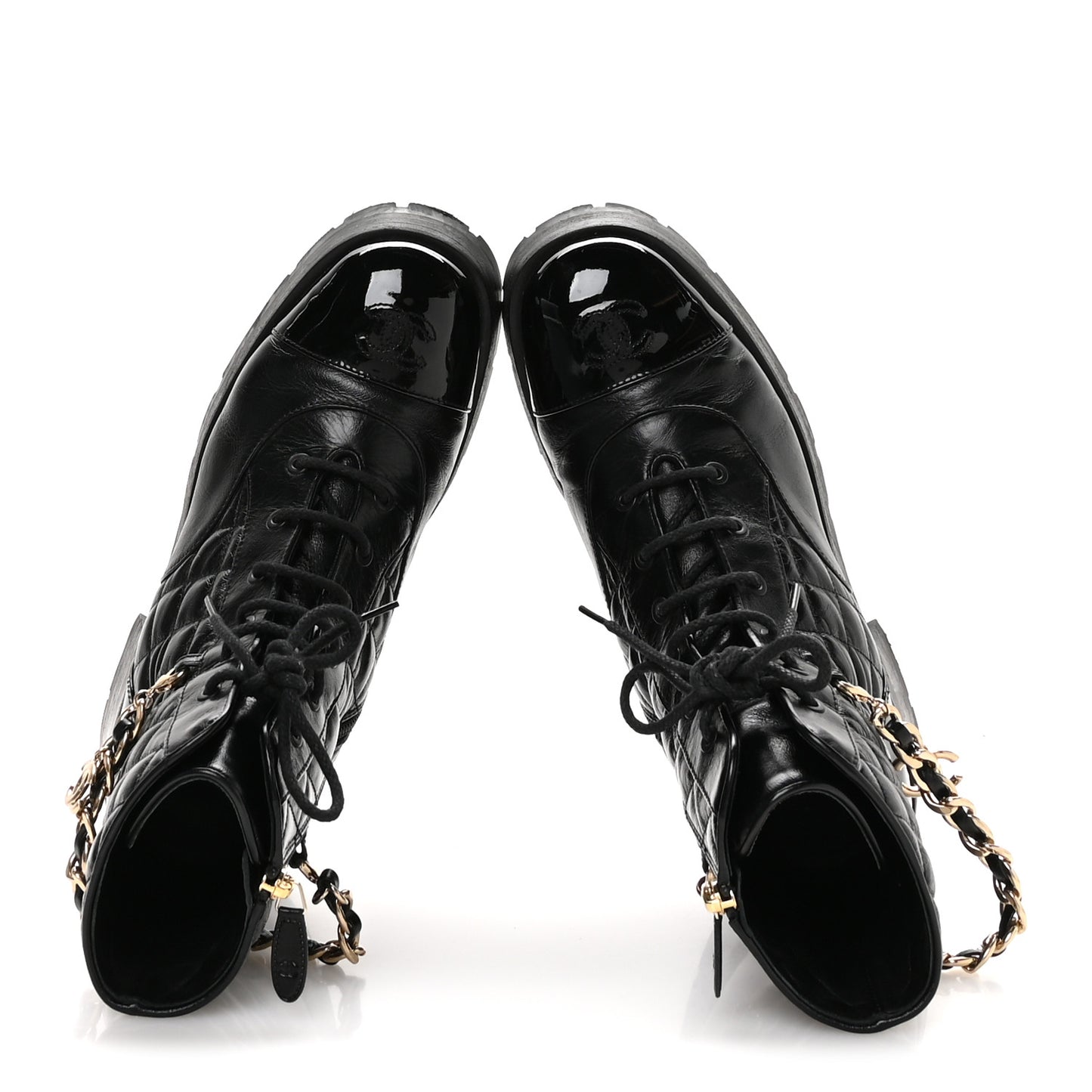 Shiny Calfskin Patent Quilted Chain Lace Up Combat Boots 40.5 Black