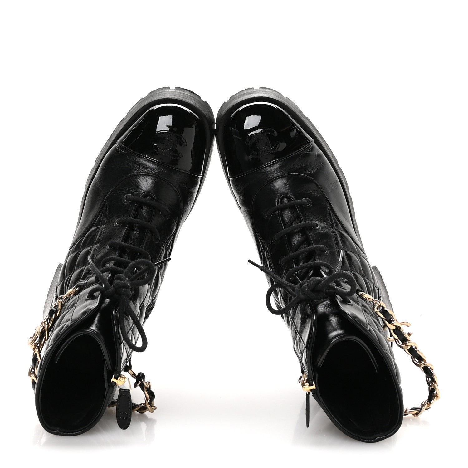 Chanel Shiny Calfskin Patent Quilted Chain Lace Up Combat Boots 40.5 Black 2 of 9