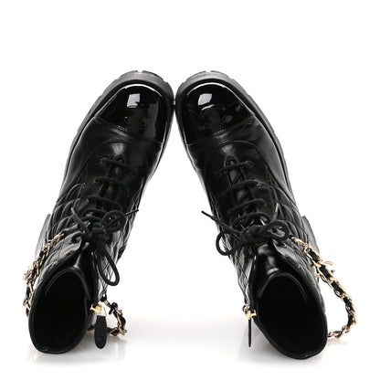 Chanel Shiny Calfskin Patent Quilted Chain Lace Up Combat Boots 40.5 Black 2 of 9