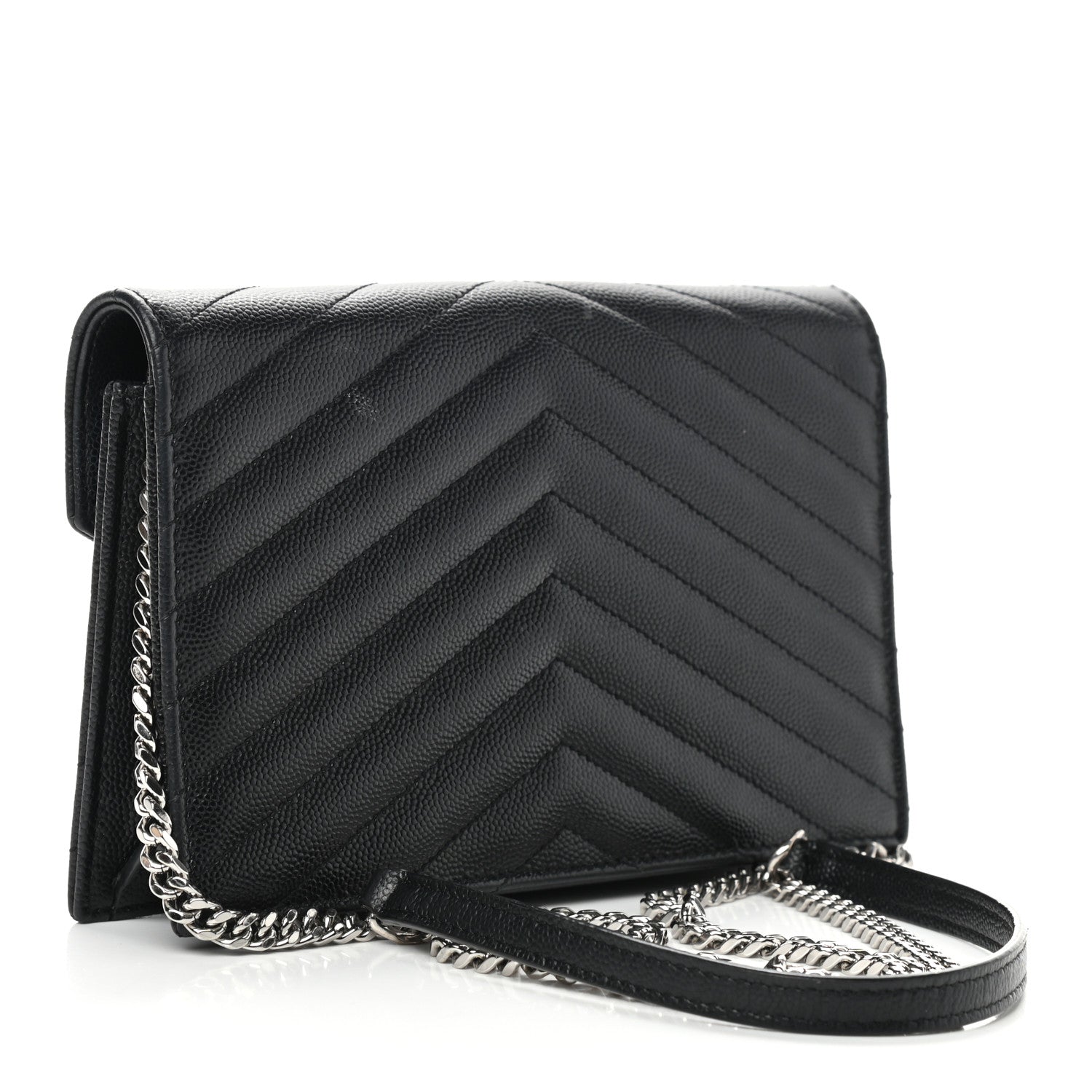 Saint Laurent Grain De Poudre Matelasse Chevron Monogram Envelope Chain Wallet Black 3 of 12