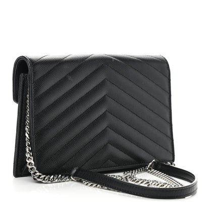 Saint Laurent Grain De Poudre Matelasse Chevron Monogram Envelope Chain Wallet Black 3 of 12