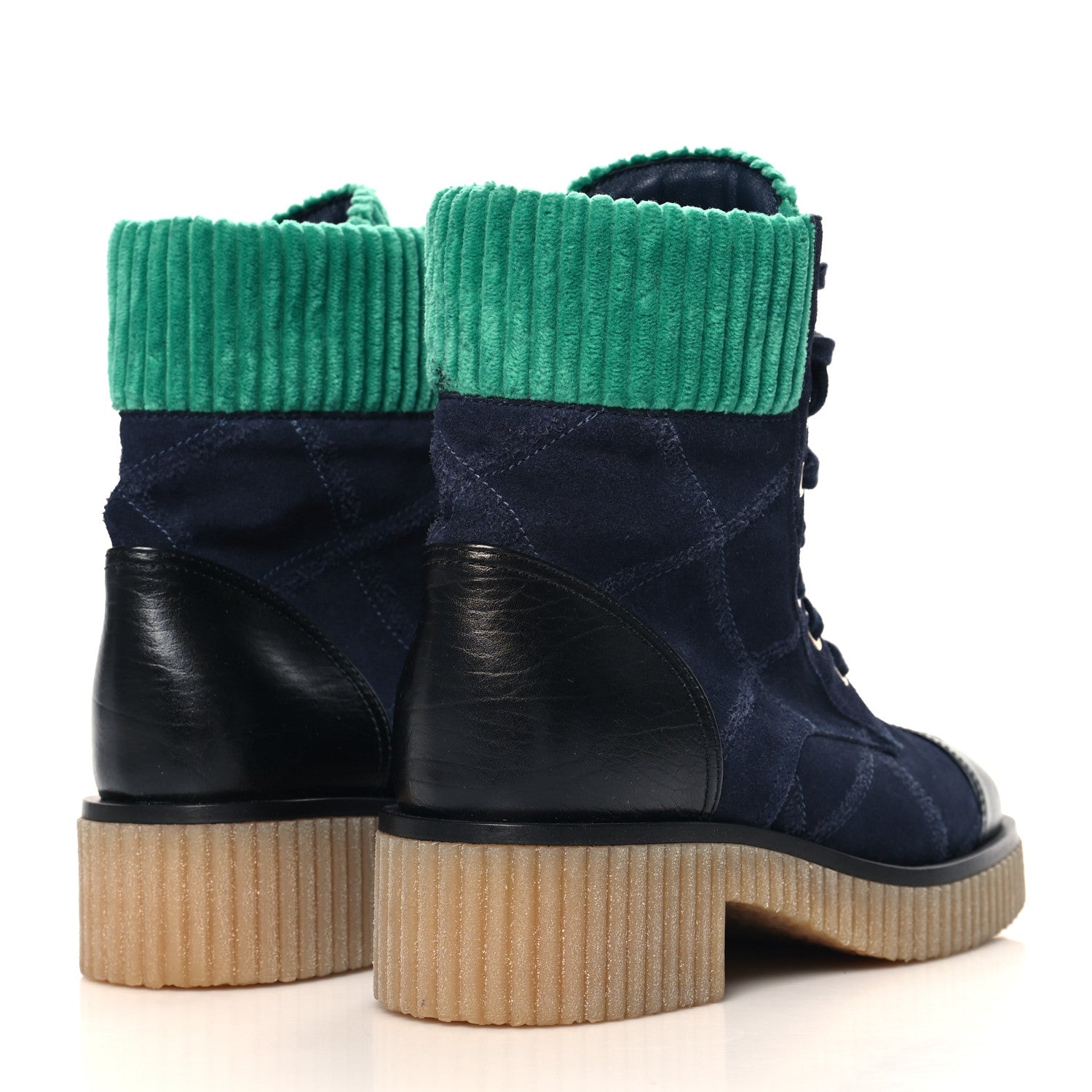 Chanel Suede Calfskin Velvet Quilted CC Combat Boots 37 Navy Green Black 5 of 9