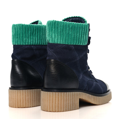 Chanel Suede Calfskin Velvet Quilted CC Combat Boots 37 Navy Green Black 5 of 9