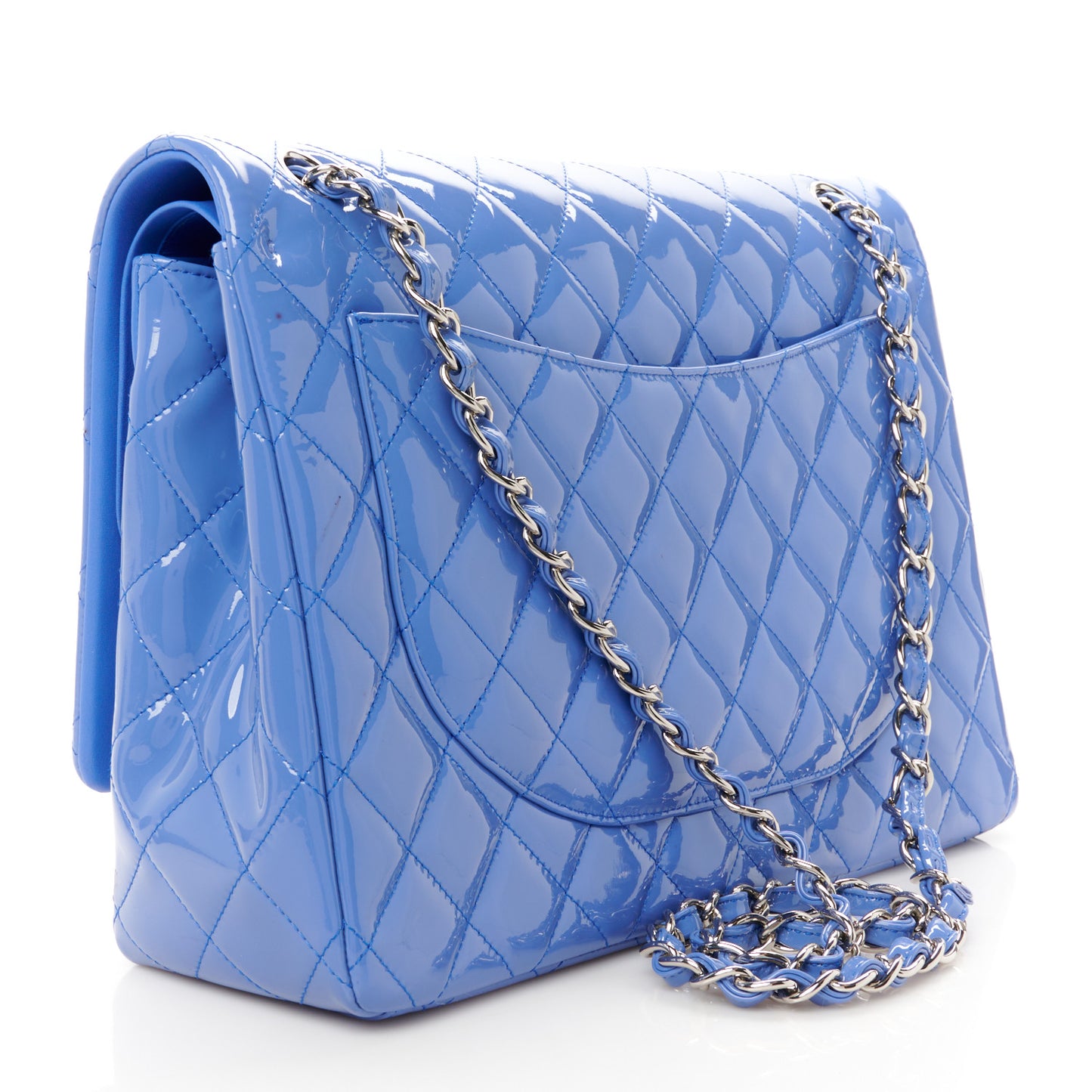 Patent Calfskin Quilted Maxi Double Flap Blue