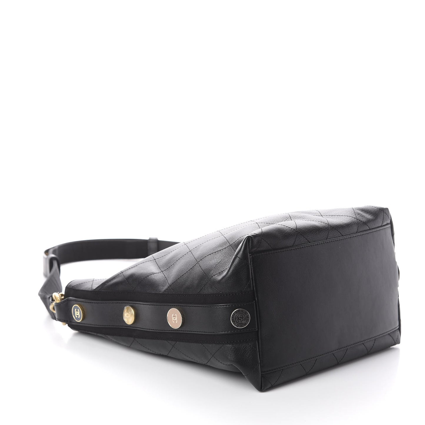 Calfskin Stitched Large Button Up Hobo Black