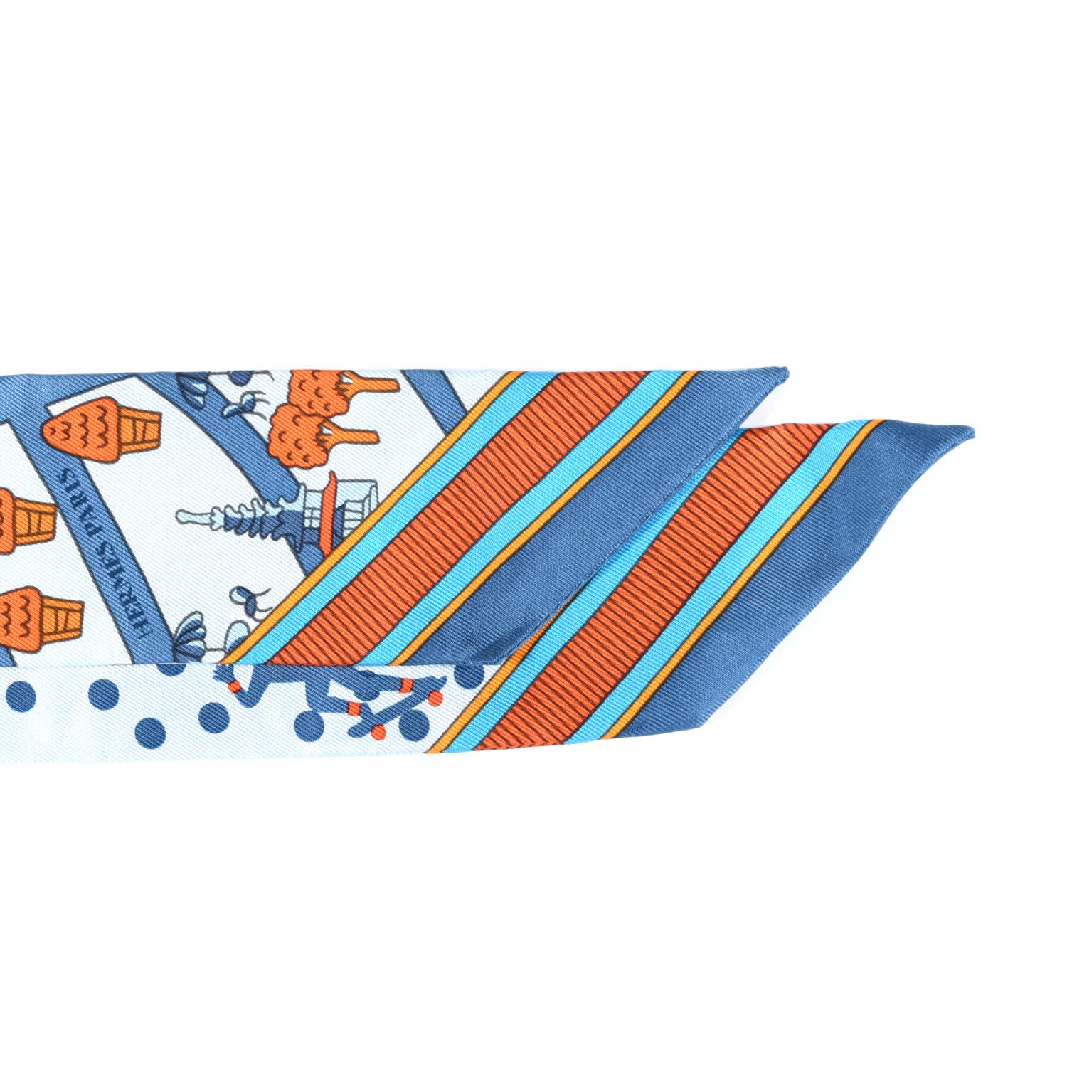 Hermes Silk Les Nouveaux Amoureux de Paris Twilly Ciel Blue Jean Orange 3 of 4