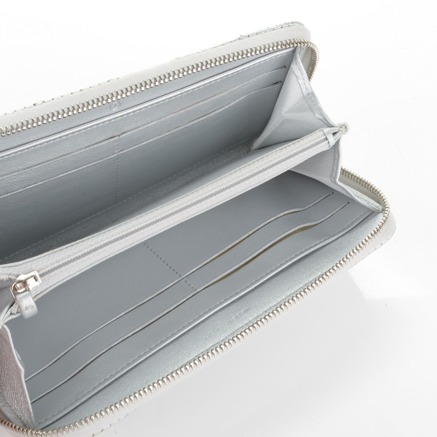 Perforated Metallic Lambskin Quilted Zip Around Wallet Light Silver