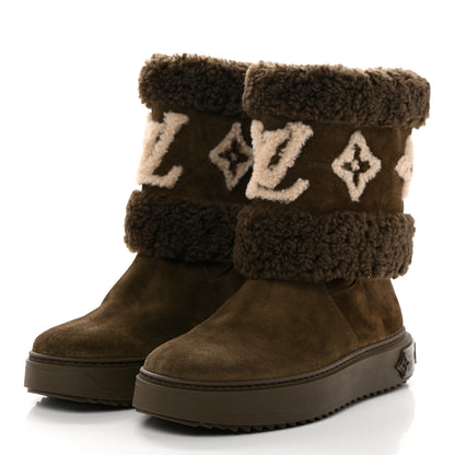 Louis Vuitton Suede Calfskin Shearling Snowdrop Flat Ankle Boot 39 Khaki 3 of 10
