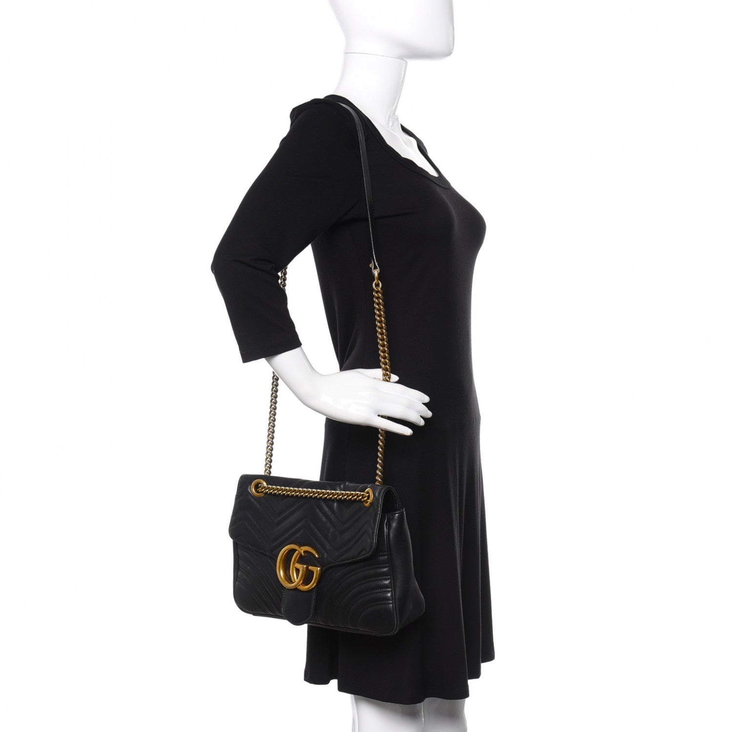 Gucci Calfskin Matelasse Medium GG Marmont Shoulder Bag Black 2 of 12