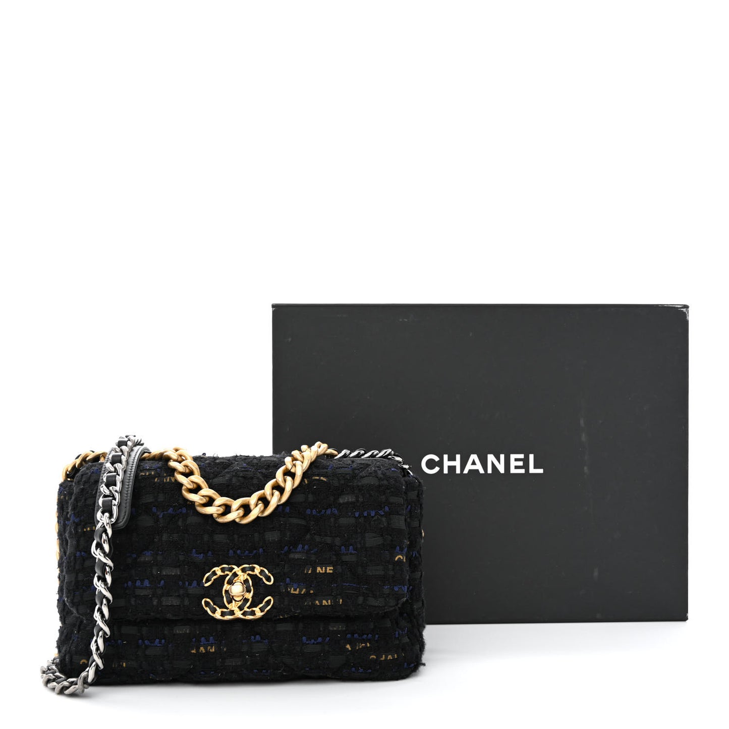 Tweed Quilted Medium Chanel 19 Flap Black Navy Gold