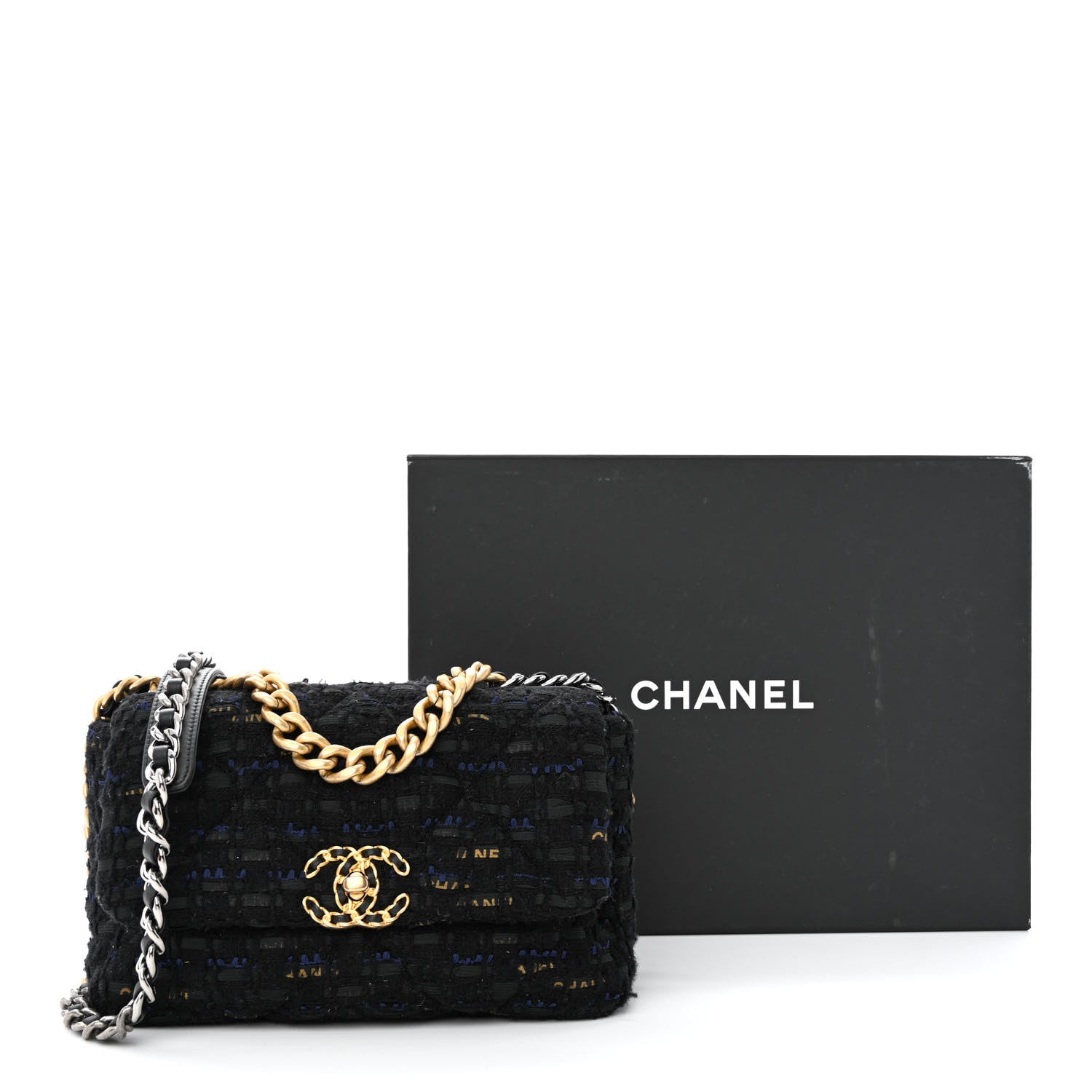 Chanel Tweed Quilted Medium Chanel 19 Flap Black Navy Gold 11 of 11