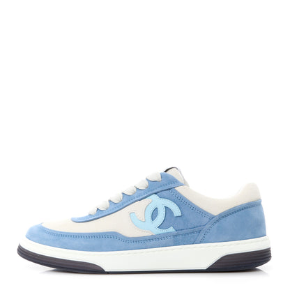 Chanel Suede Kidskin Womens CC Sneakers 37.5 White Blue 1 of 10