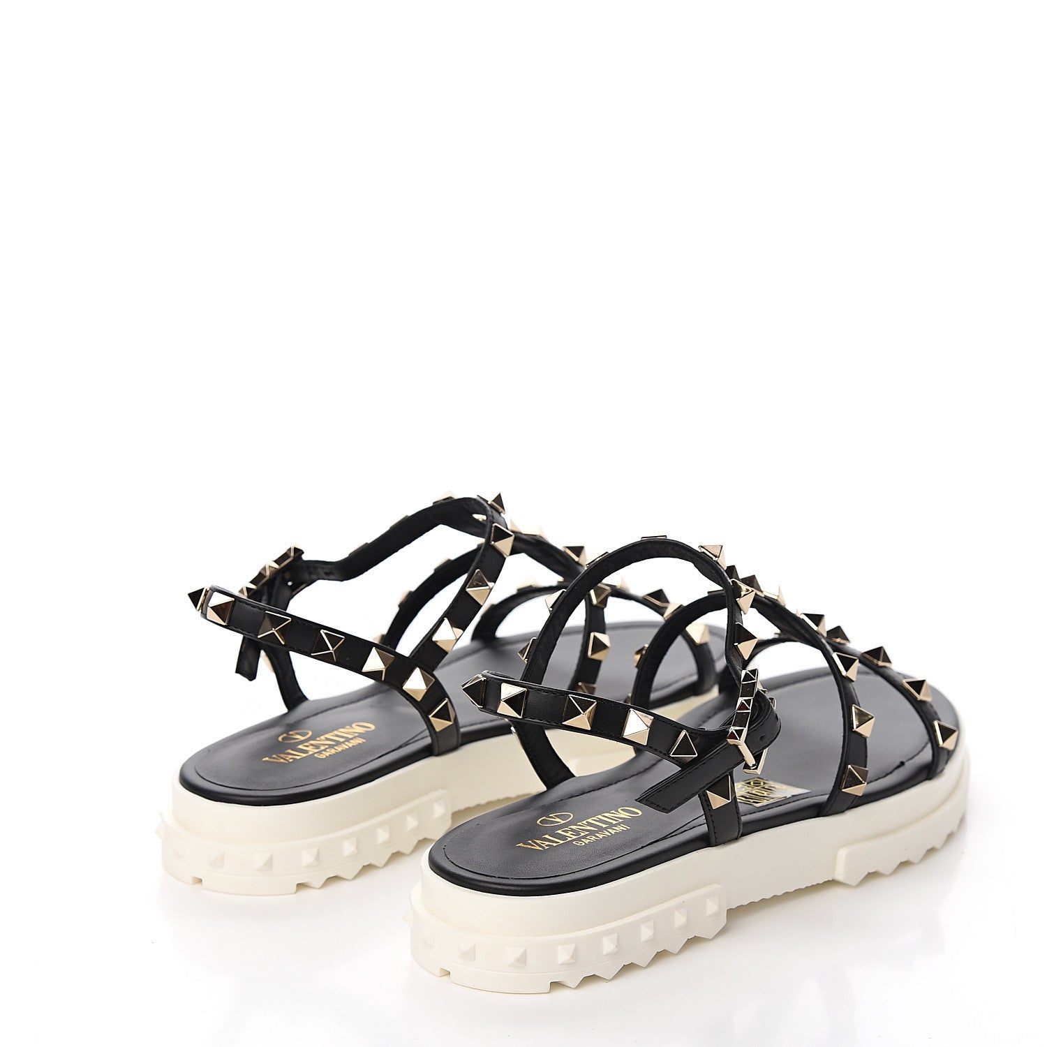 Valentino Garavani Calfskin Bedrock Rockstud Ankle Flat Sandals 35 Black 4 of 9
