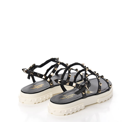 Valentino Garavani Calfskin Bedrock Rockstud Ankle Flat Sandals 35 Black 4 of 9