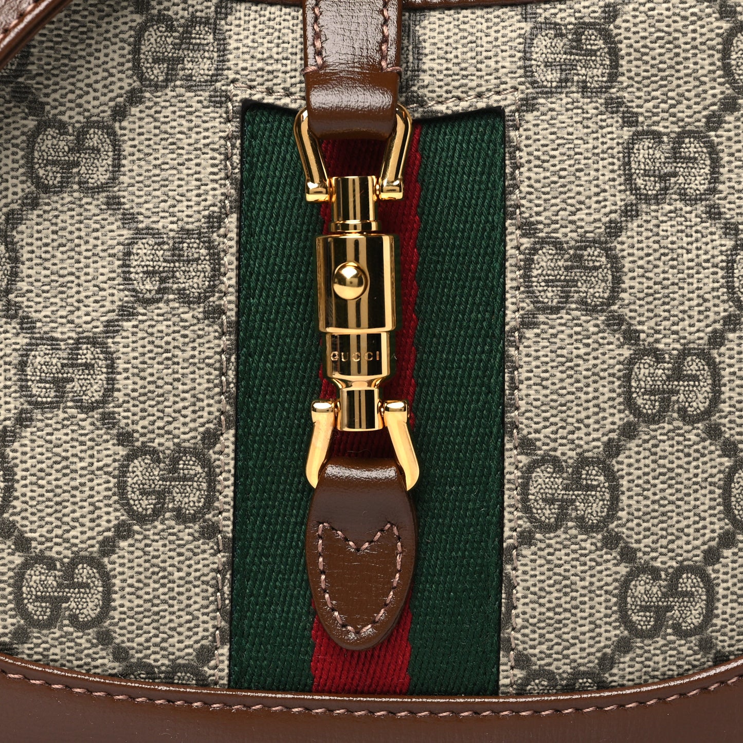 GG Supreme Monogram Azalea Calfskin Web Mini Jackie 1961 Hobo Beige Ebony Brown Sugar