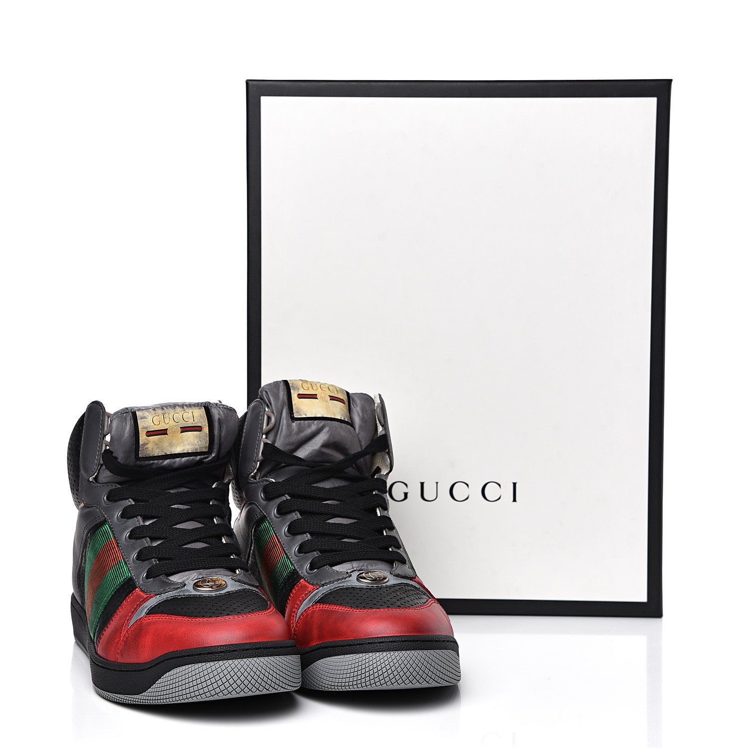 Gucci Miro Soft Calfskin Web Mens Screener High Top Sneakers 8 Light Hibiscus Red Black Foggy Grey 11 of 11