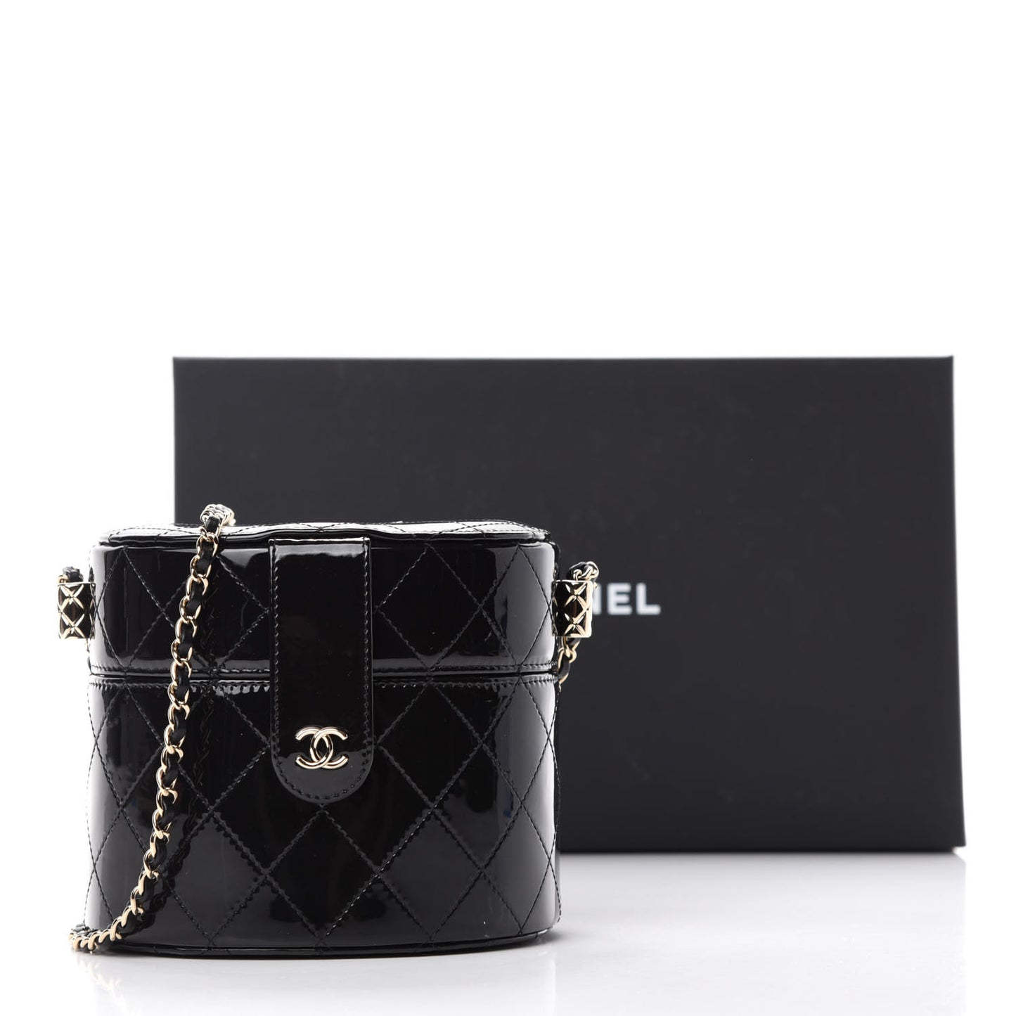 Patent Quilted Round Small Vanity With Chain Black