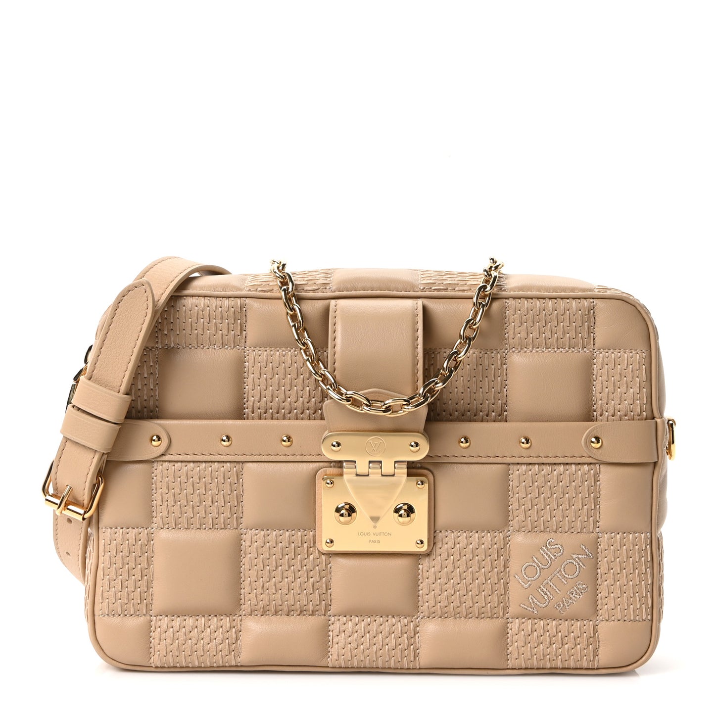 Lambskin Damier Quilt Troca MM Cashmere Beige