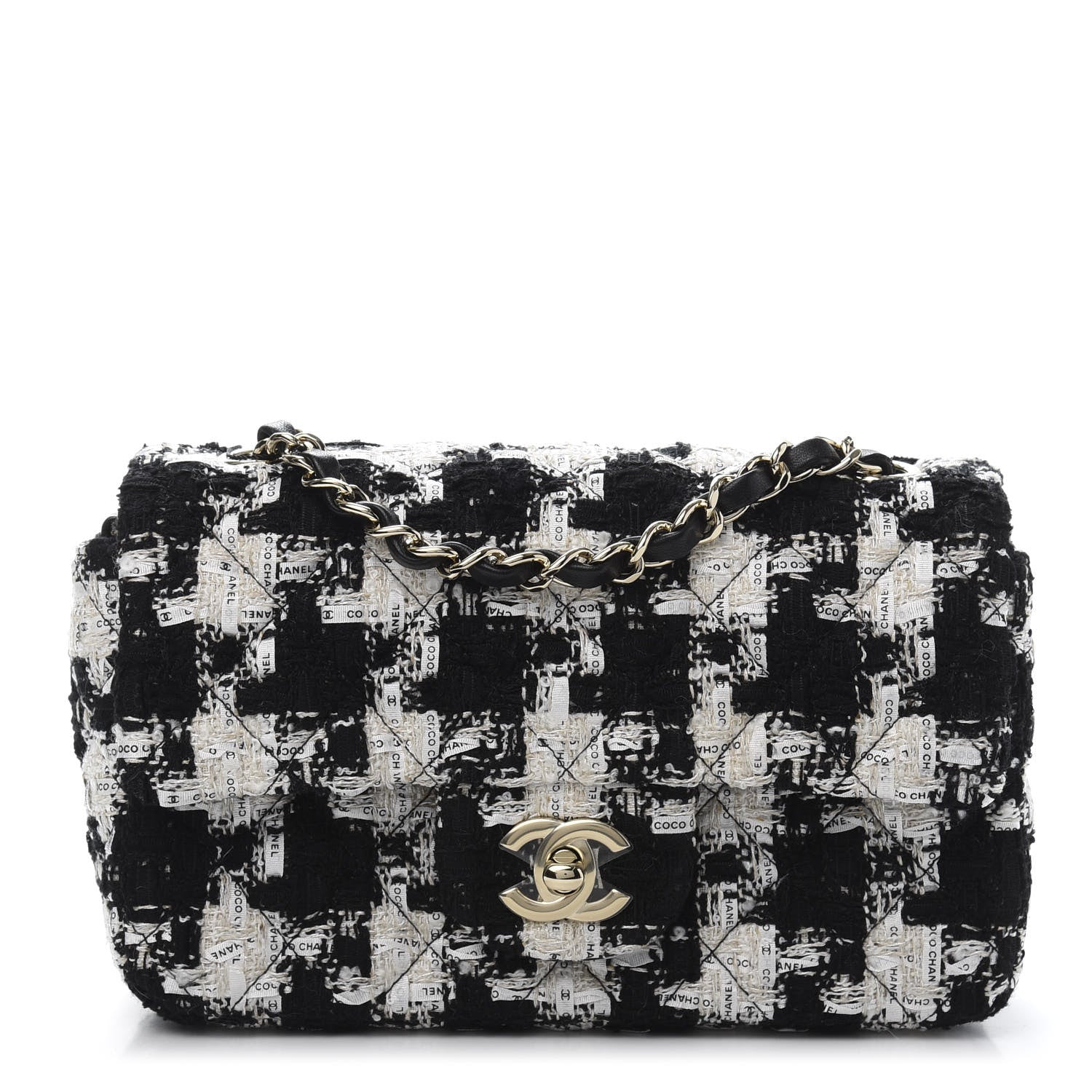Chanel Tweed Quilted Mini Rectangular Flap Black Ecru White 1 of 10