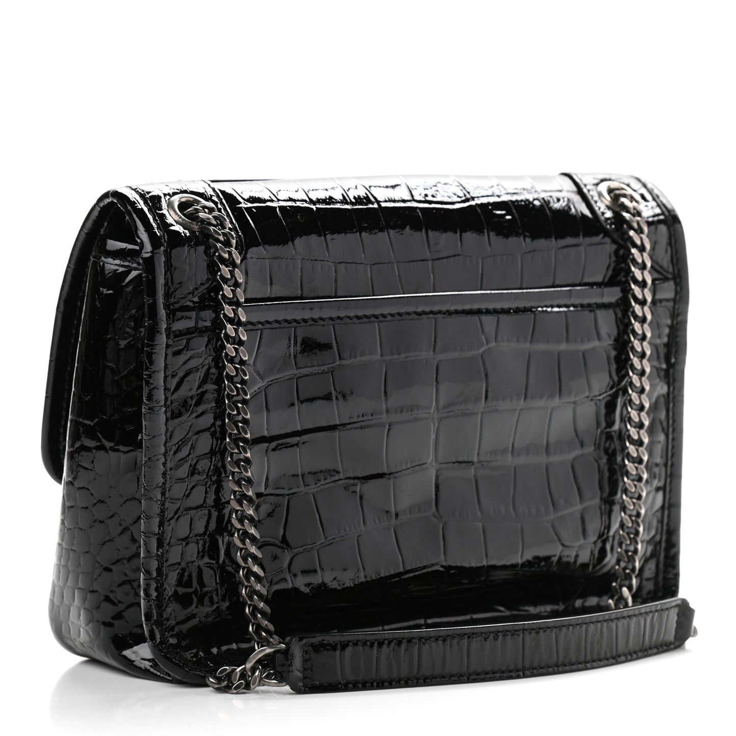 Patent Crocodile Embossed Lambskin Monogram Baby Niki Chain Satchel Black