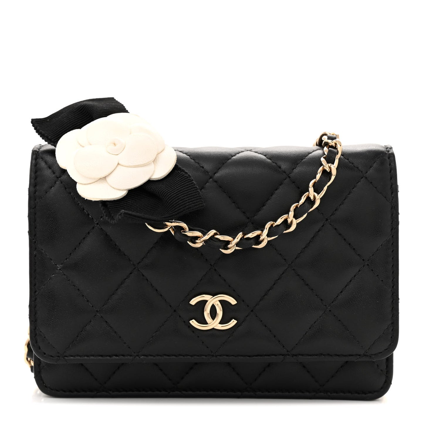 Lambskin Quilted Mini Camellia Bow Wallet On Chain WOC Black