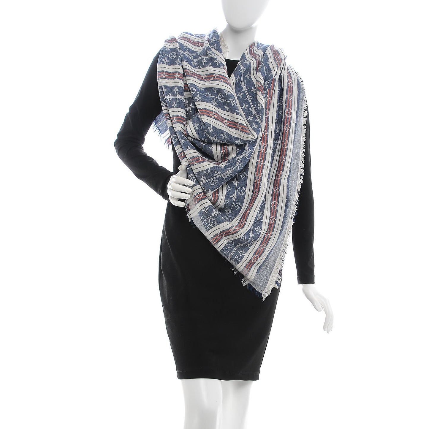 Silk Wool Monogram Mattress Stripes Shawl Blue Jean Orange