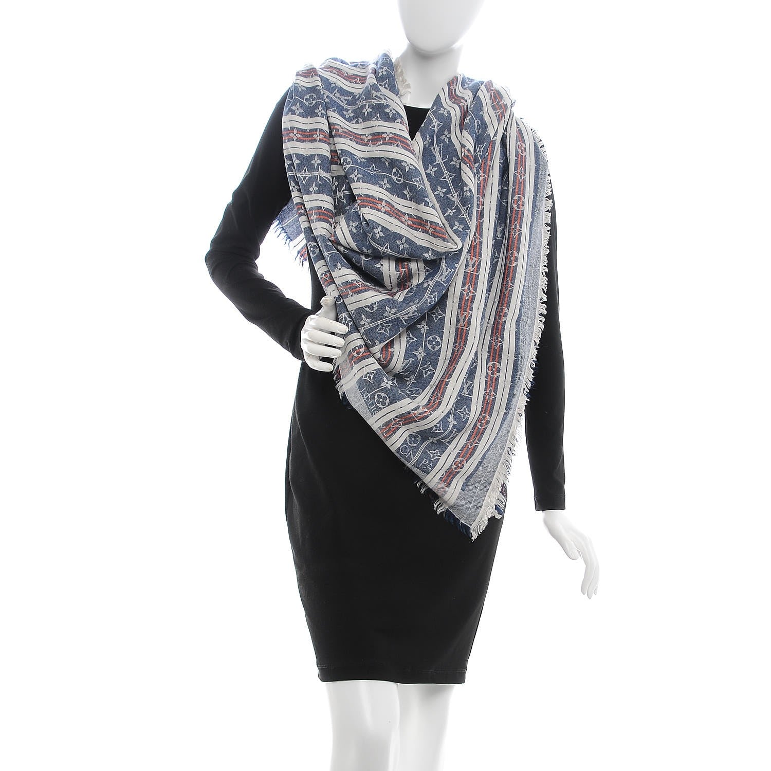 Louis Vuitton Silk Wool Monogram Mattress Stripes Shawl Blue Jean Orange 2 of 4